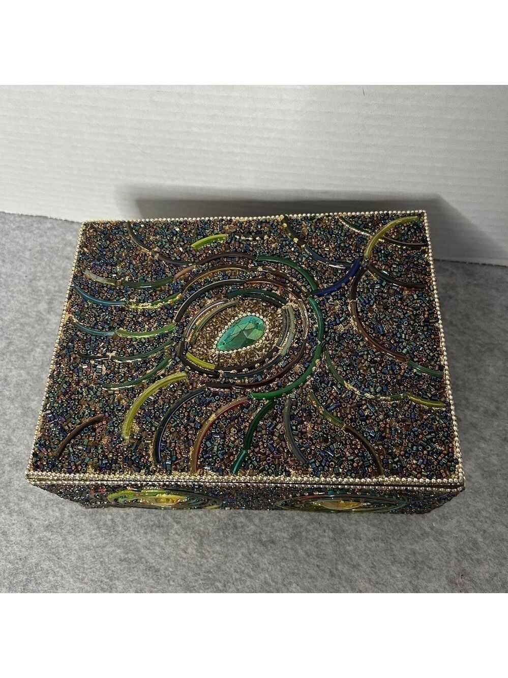 Wood Hand Beaded Trinket Box 8x6x3"